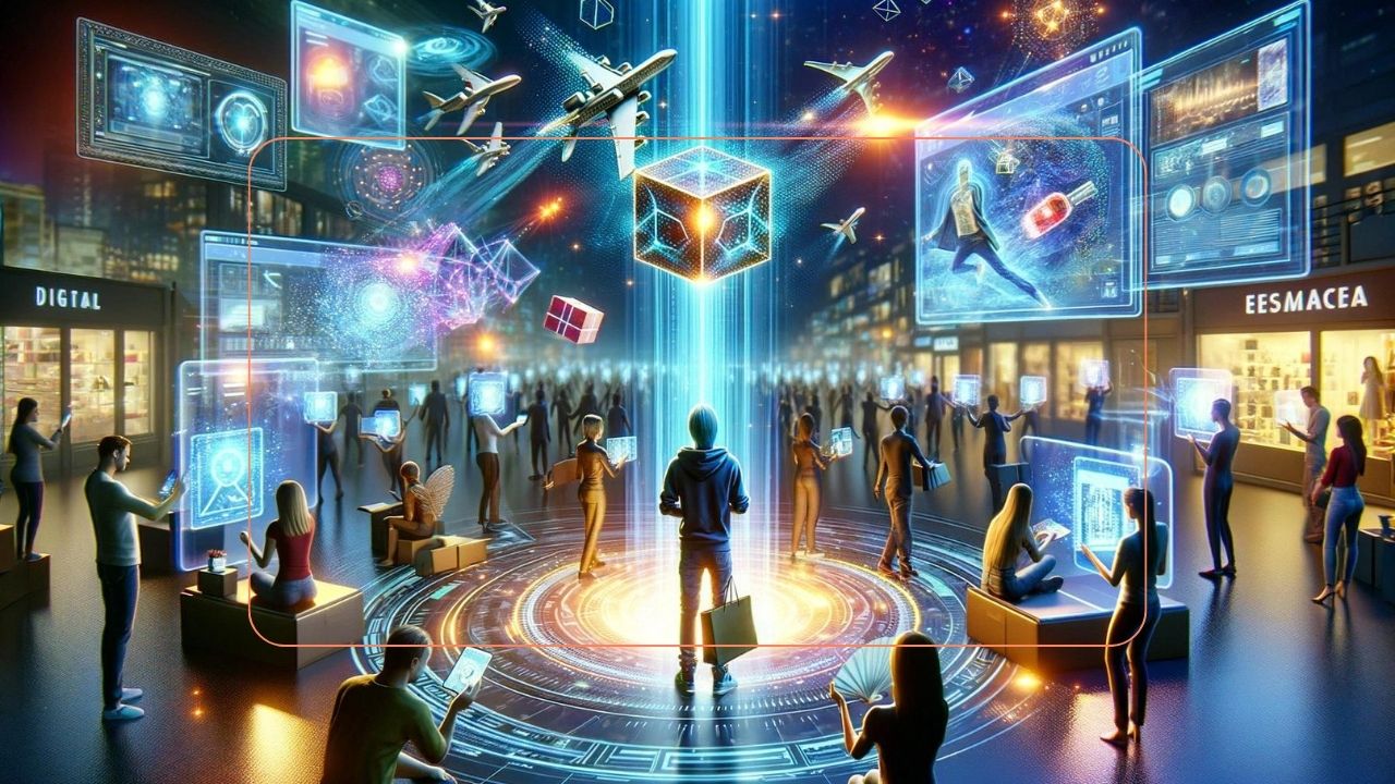 Futuristic digital marketplace with holographic shopping displays and connected consumers