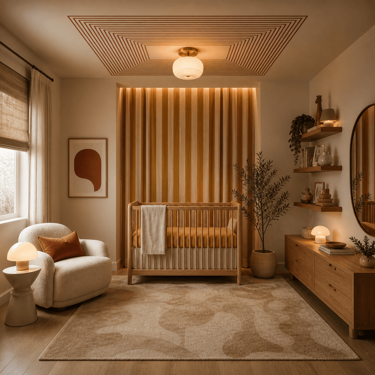 FunHause Circus nursery with a square room layout featuring a natural wood crib centered against cabana striped ochre and cream curtains, a Sarah Sherman Samuel inspired square bullseye ceiling with fine linear stripes and a semi-flush mount light, warm neutral palette with clay and olive accents, boucle glider chair with mushroom lamp, floating wood shelves, and a soft abstract neutral rug creating a calm, elevated, slightly theatrical baby room design.