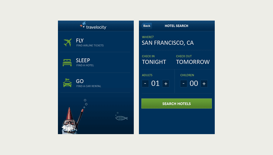 Home screen - simplified entry points for flights, hotels and cars with the gnome as companion