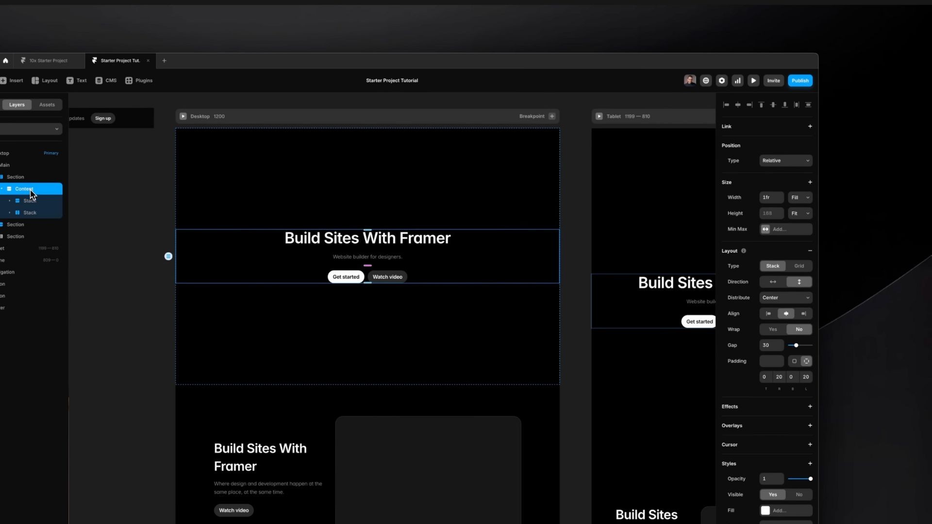 Web design platform interface showing a preview of a website homepage titled 'Build Sites With Framer' with design tools and settings visible