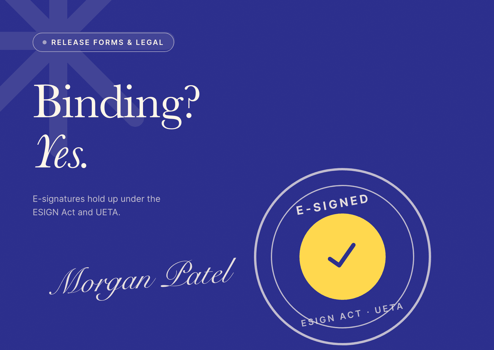 A round E-SIGNED stamp with a yellow check over a signature on a deep indigo poster.