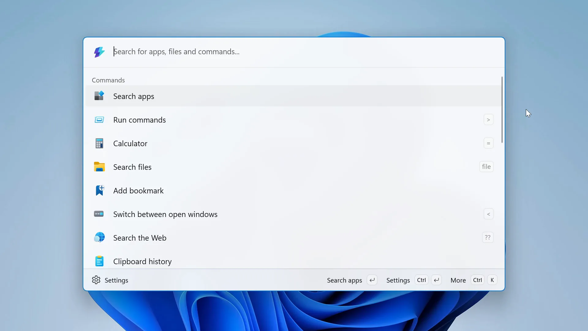 Command Palette quick-launcher searching apps and commands