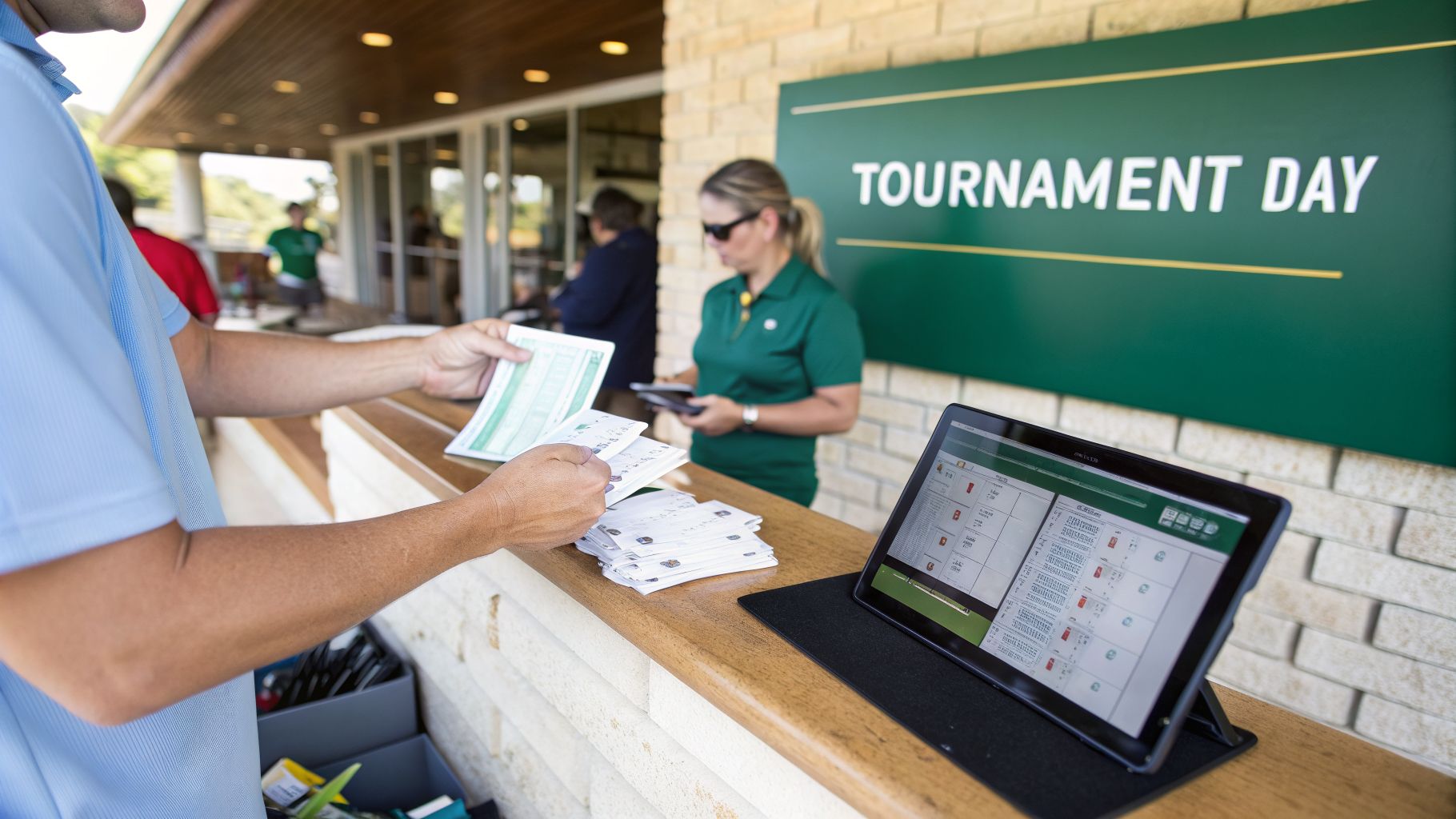 People checking in at a golf tournament registration table with a 'Tournament Day' sign.