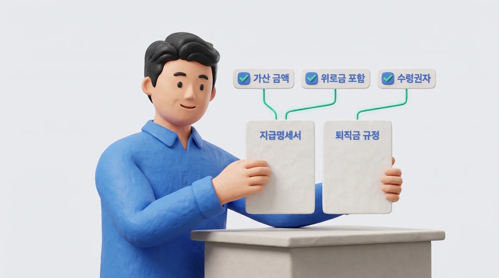 퇴직금 지급명세서와 퇴직금 규정으로 가산 금액, 위로금 포함 여부, 수령권자를 확인하는 장면