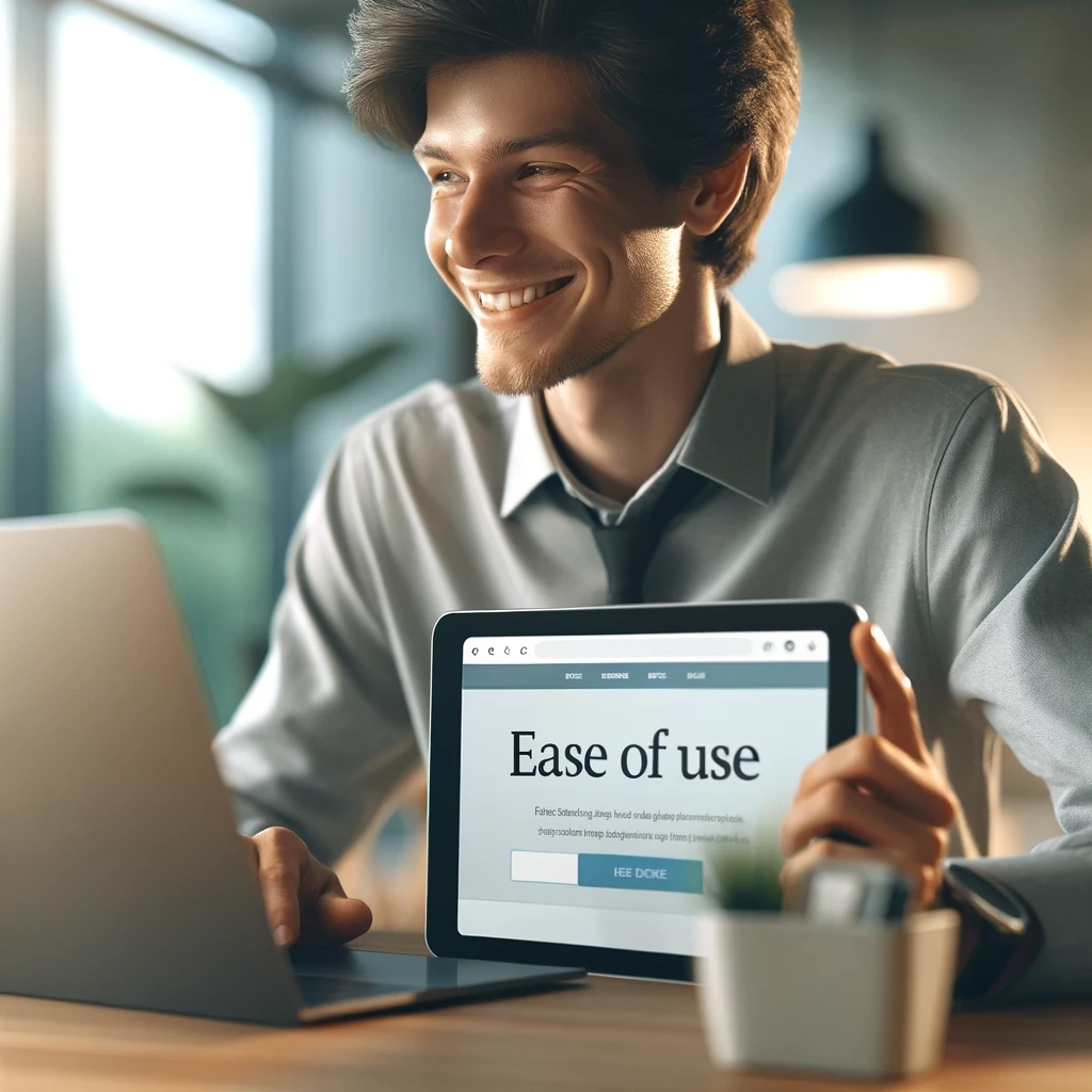 A candid shot of a young professional smiling while browsing on a sleek laptop and a tablet. The setting is a bright, modern workspace with natural light. The focus is on the ease-of-use of the website, with the screen displaying a clean, user-friendly interface.