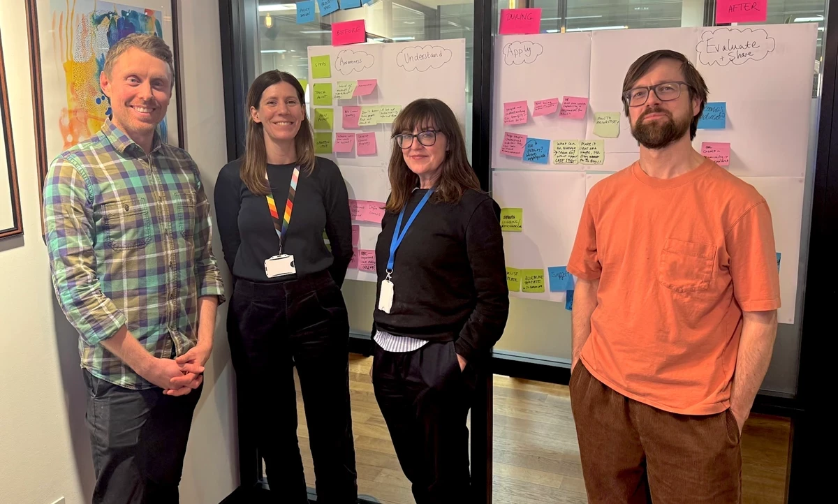 4 people stand in front of white boards covered in post it notes, a man in a checked shirt, a woman with long brown hair and dark clothes, a woman with dark brown long hair and a fringe in dark clothes and a blue lanyard, a many with short dark brown hair, a beard and an orange t shirt