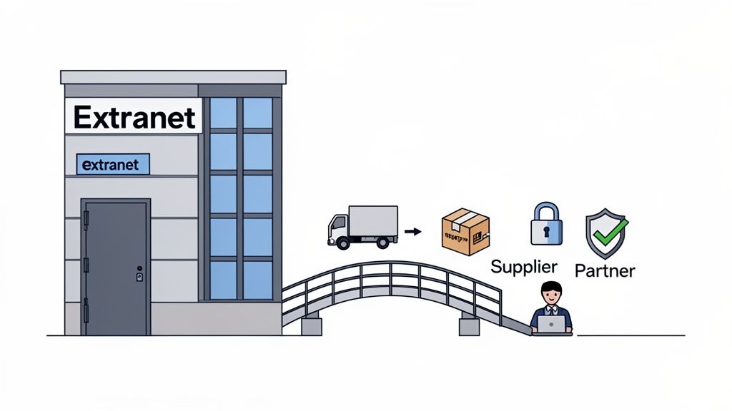 An extranet building connected via a bridge to a person representing external suppliers and partners with secure access.