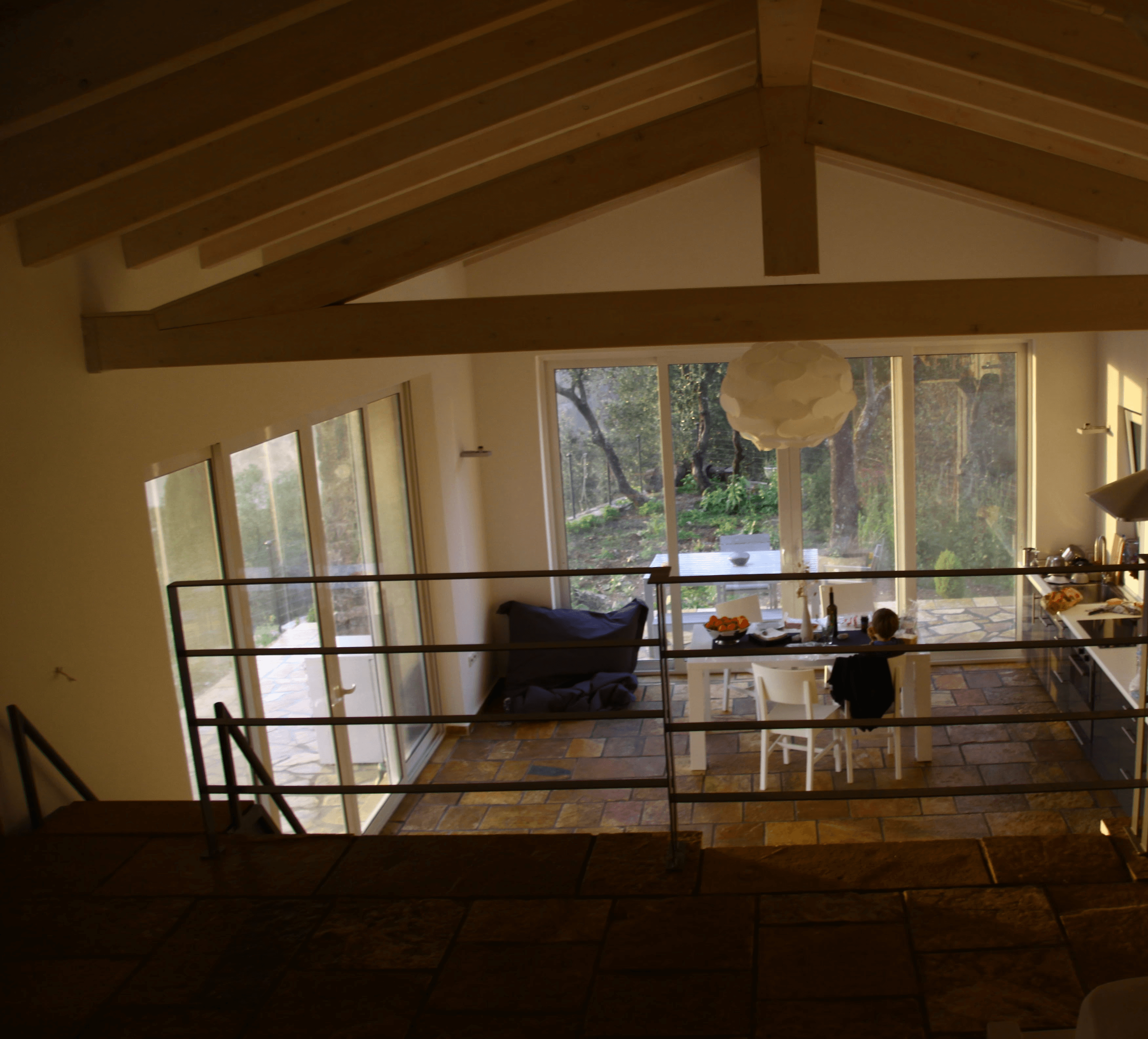 Living room at Villa Galery with sloped ceiling and natural light