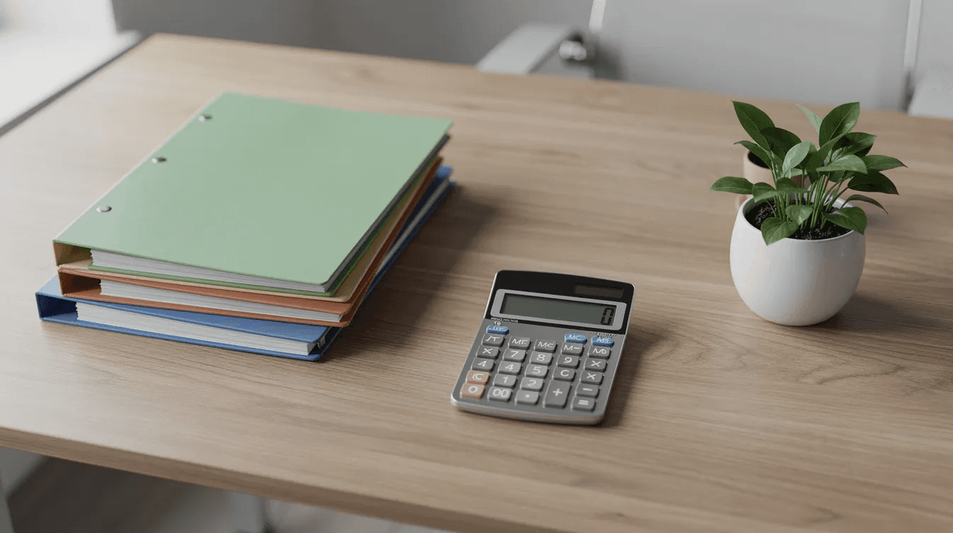 The image depicts a neatly organized desk featuring folders, a calculator, and a small plant, creating a conducive environment for managing finances. This setup could be ideal for discussing how to use sweep accounts for enhanced cash safety and maximizing returns on excess funds.