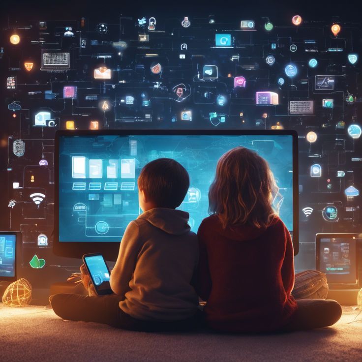 Two children sitting in front of a large digital screen, surrounded by glowing icons and connected devices, symbolizing online safety and the importance of protecting kids from adult content.