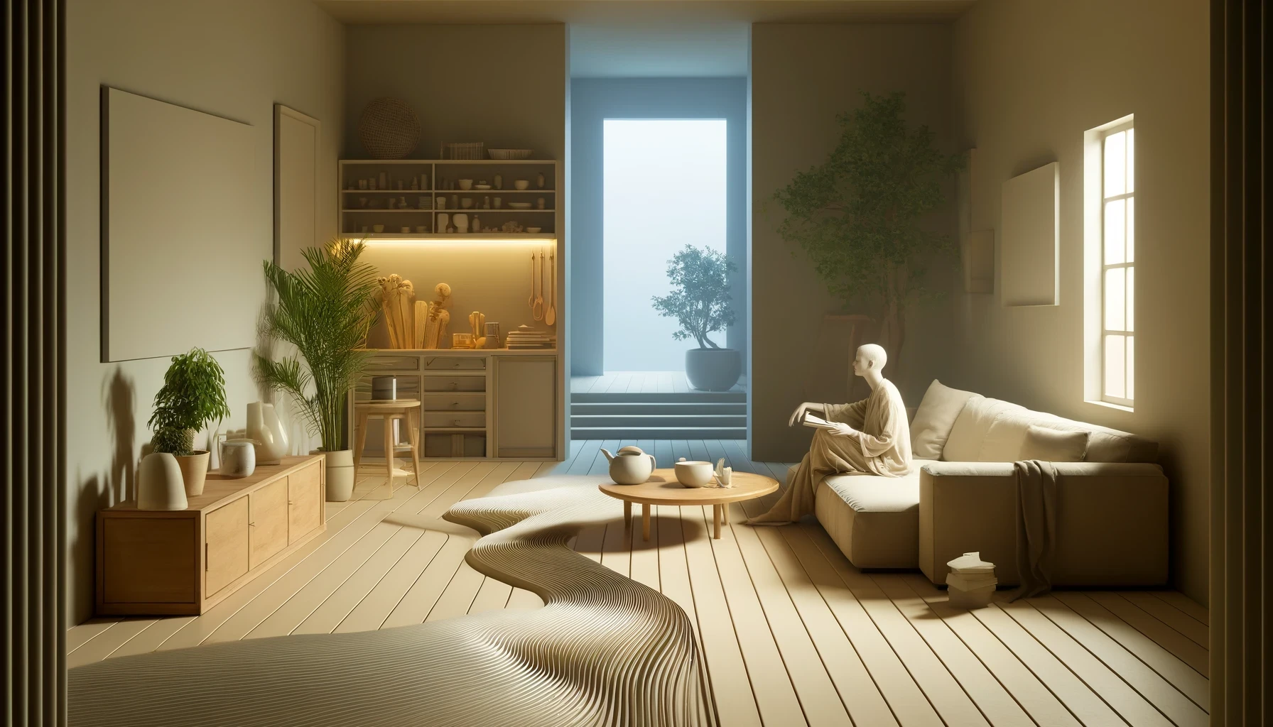 AI generated image of a living room with a white statue sitting on the soffa