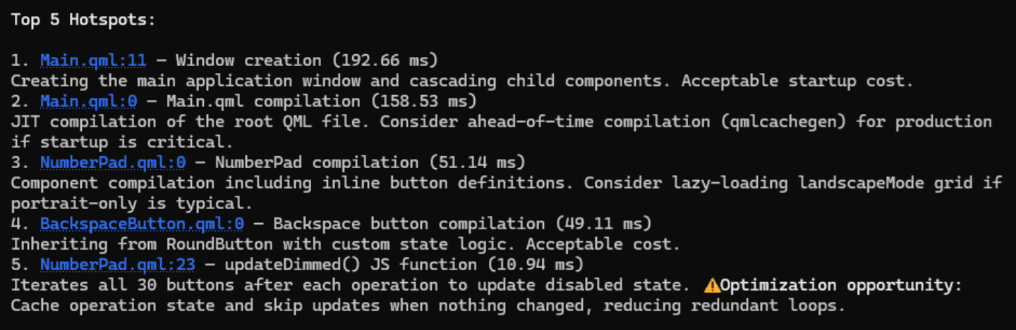 Console output listing the Top 5 Hotspots, including Main.qml window creation and compilation, NumberPad and BackspaceButton compilation, and the updateDimmed() function with an optimization suggestion