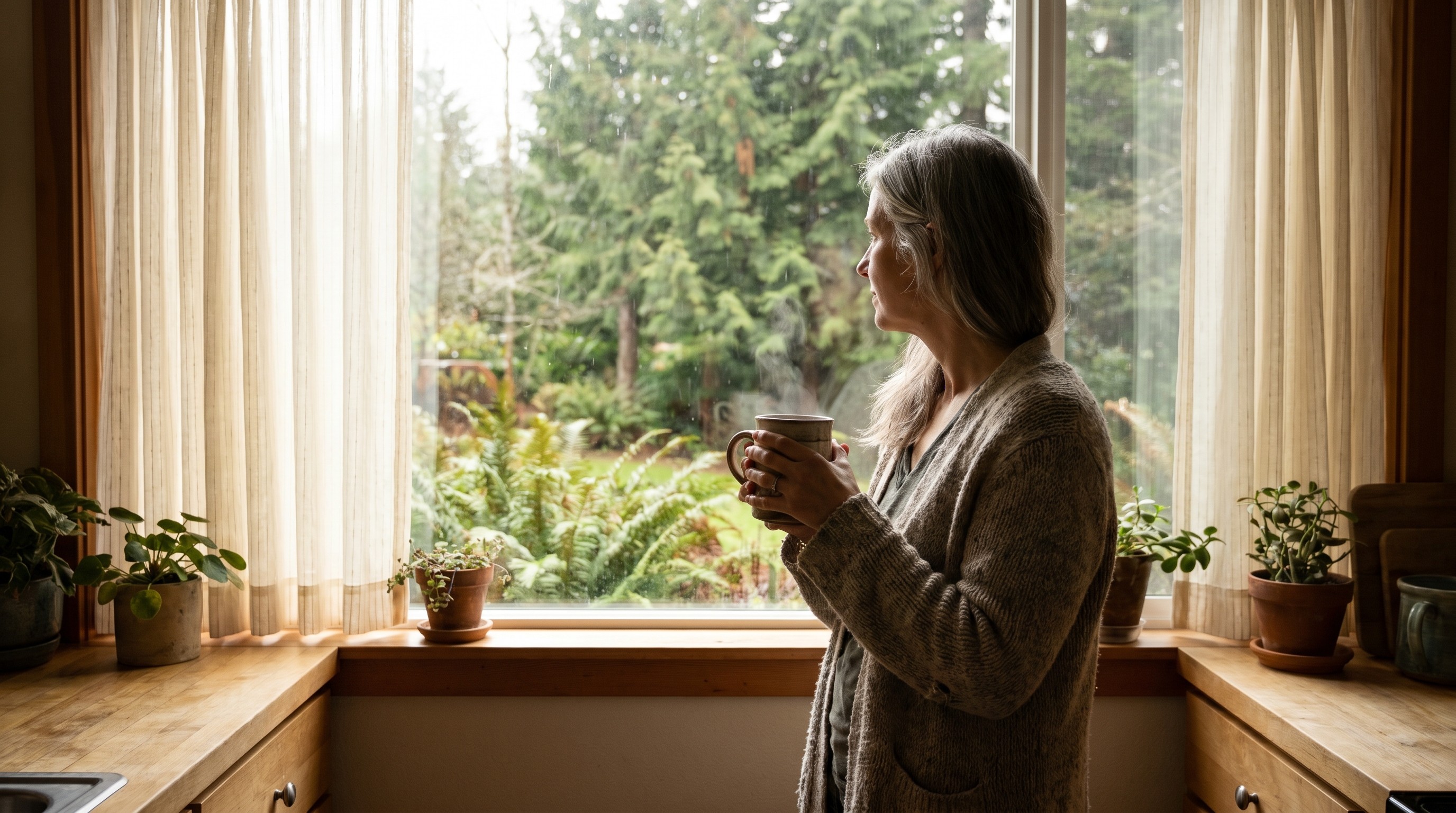 Older woman in cardigan holding a mug at a sunlit Pacific Northwest kitchen window, looking thoughtfully outside