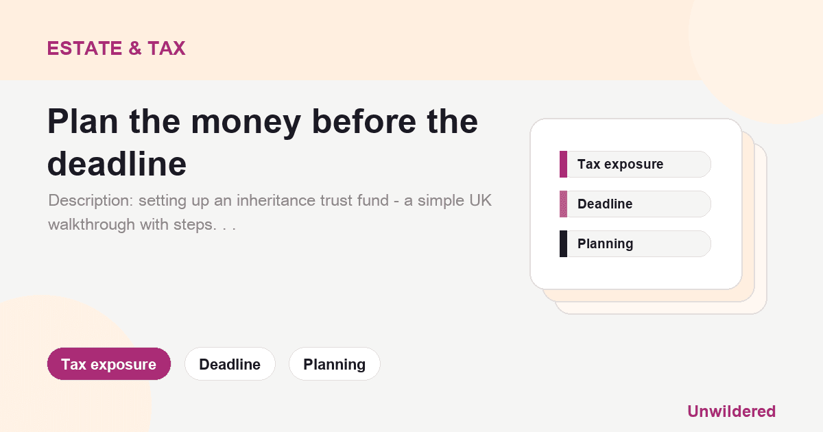 Explainer card for Setting up an inheritance trust fund - a clear UK guide with steps, examples and watch-outs: Tax exposure, Deadline, Planning.