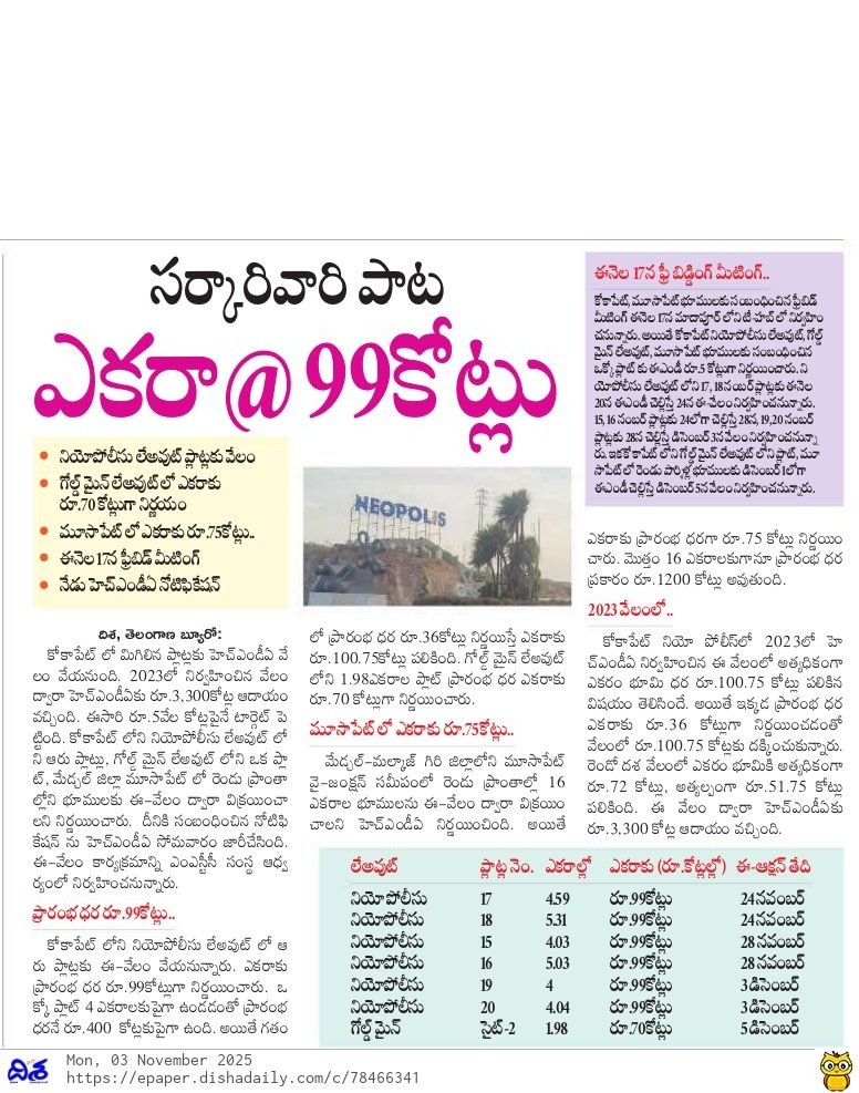 HMDA sets ₹99 crore per acre for Neopolis Kokapet land auction