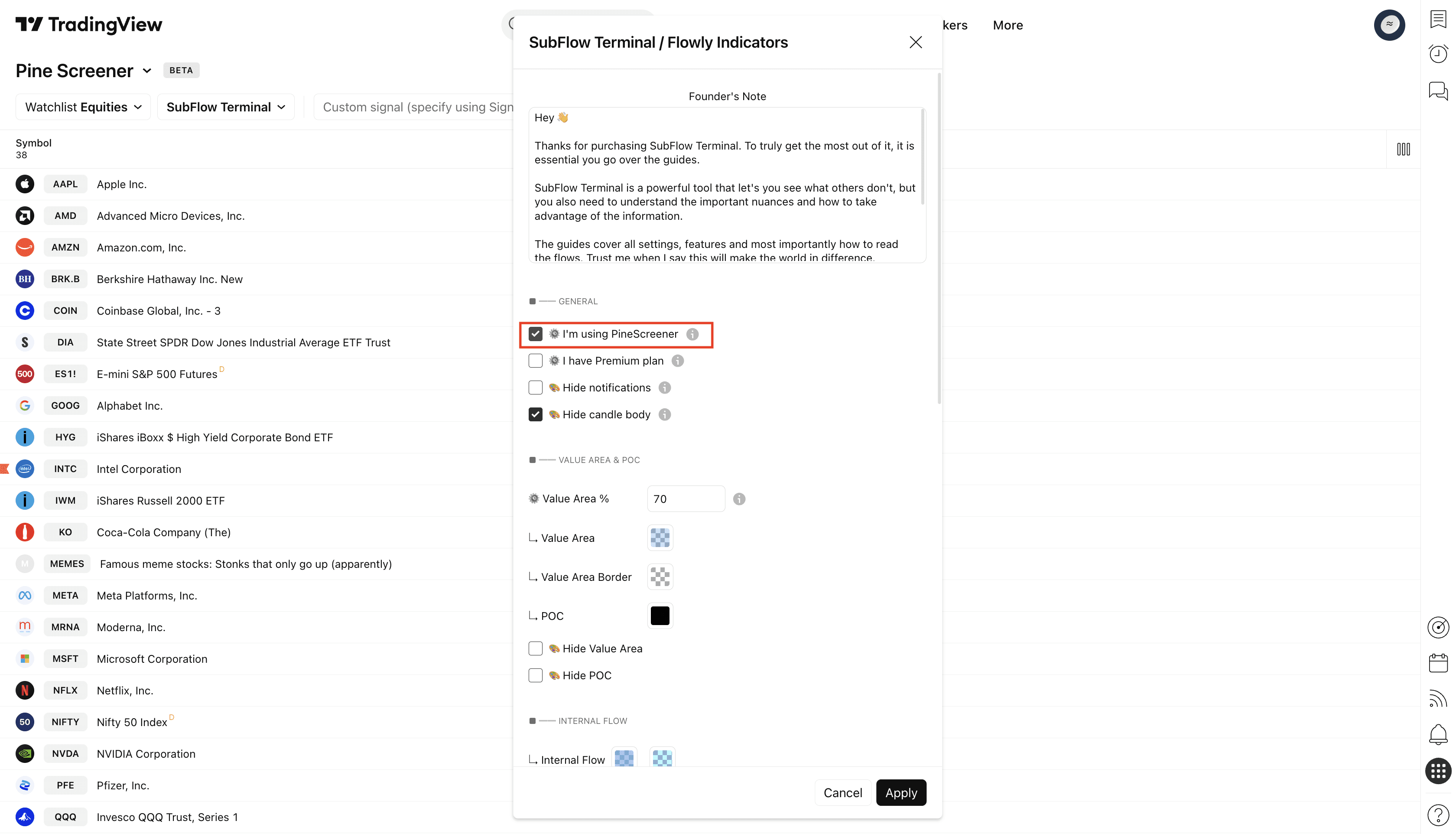 Illustration showing how to prepare a market scan with SubFlow Terminal using TradingView's PineScreener.