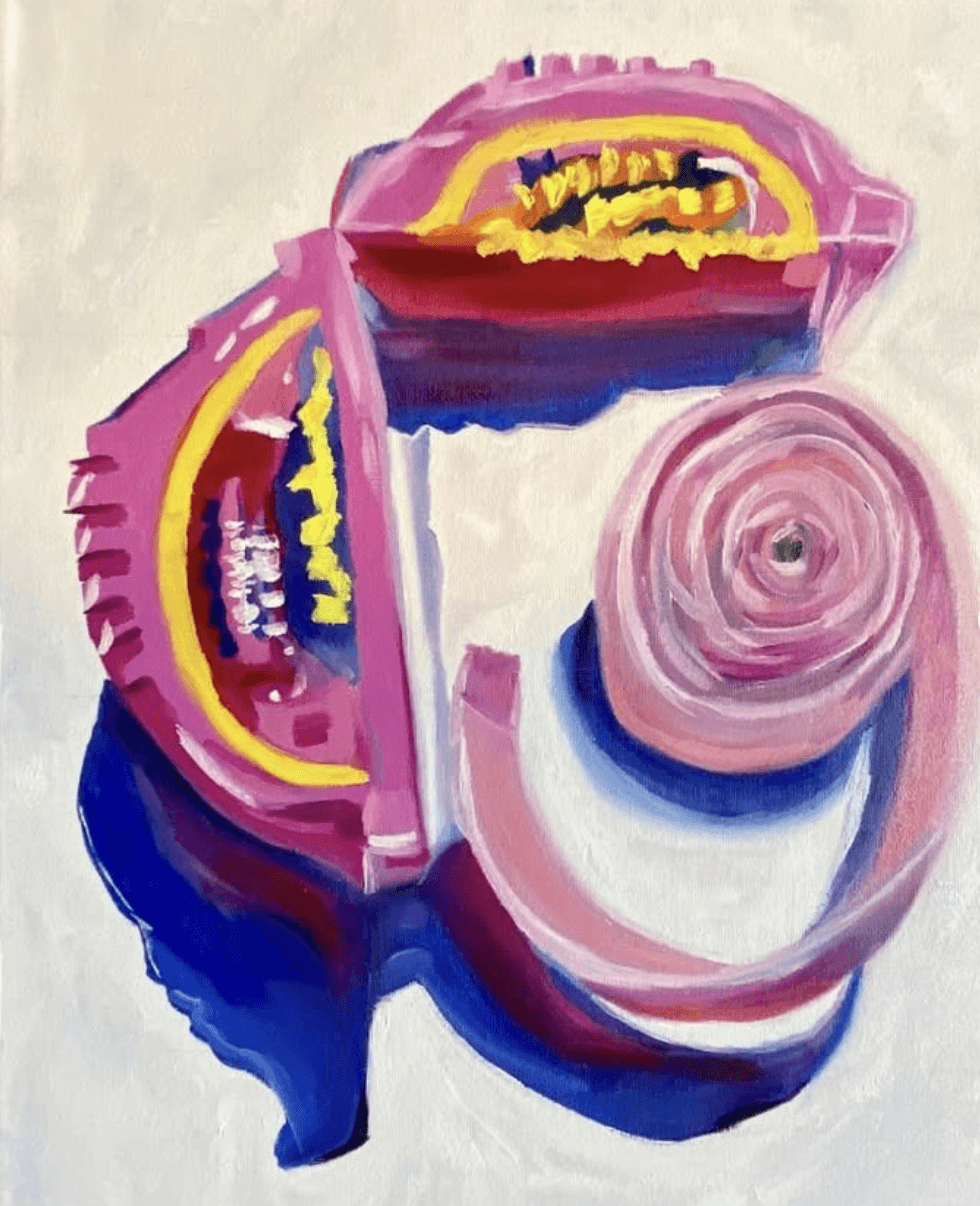Colorful abstract painting of open hubba bubba gum container