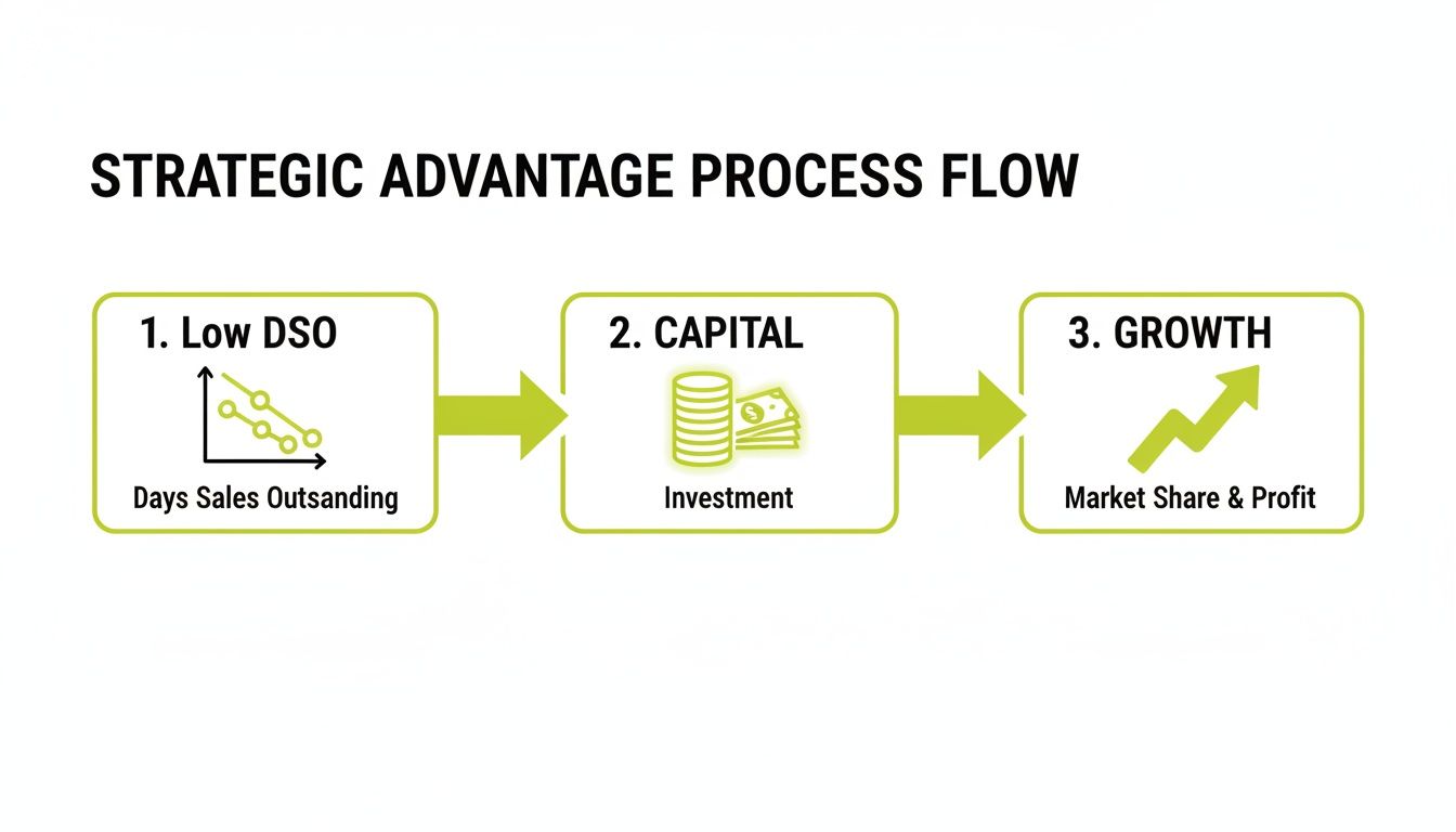 Strategic Advantage Process Flow diagram illustrating steps from low Days Sales Outstanding to capital investment and growth.