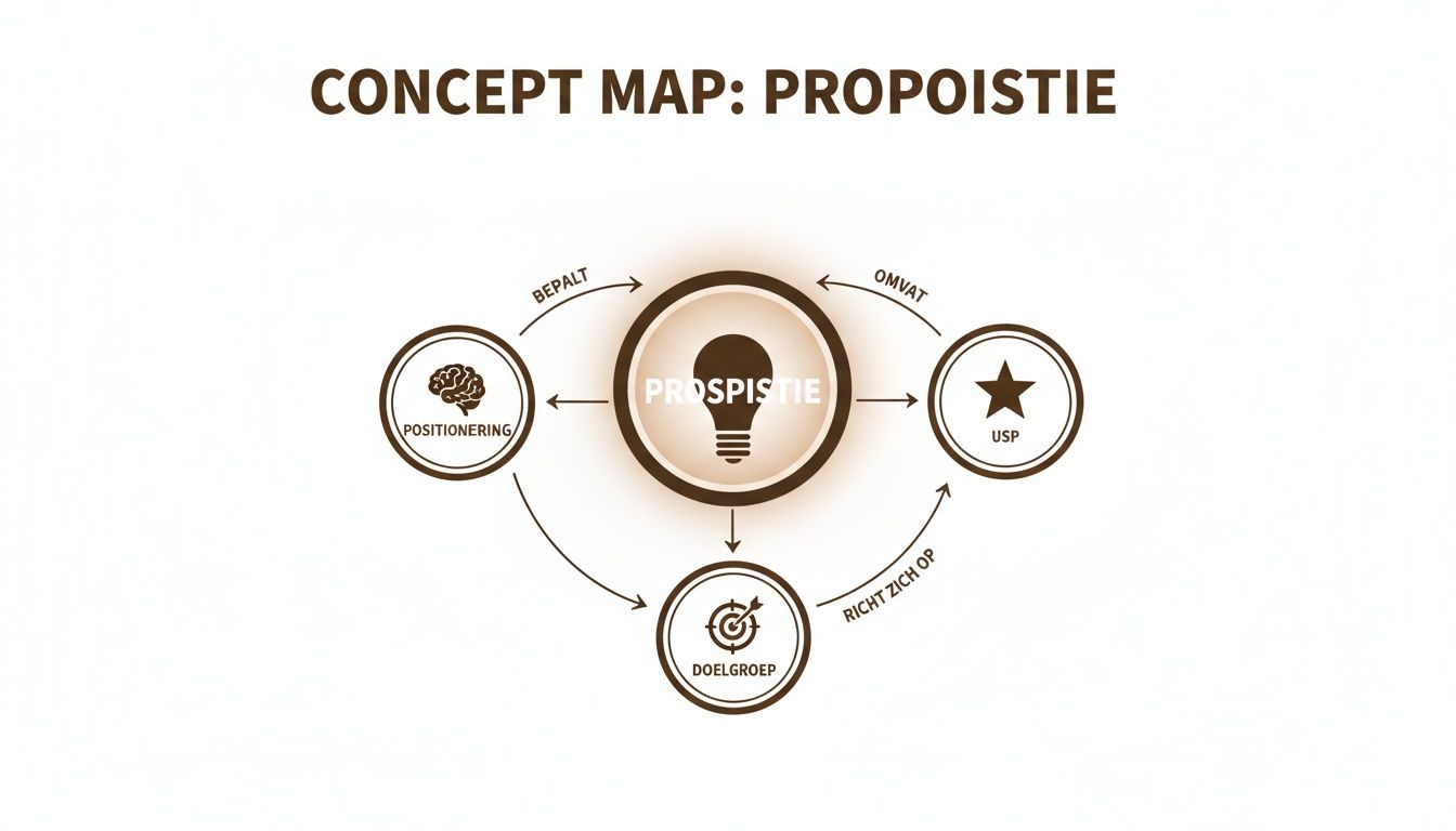 Een conceptmap die de relatie tussen propositie, positionering, USP en doelgroep visualiseert.