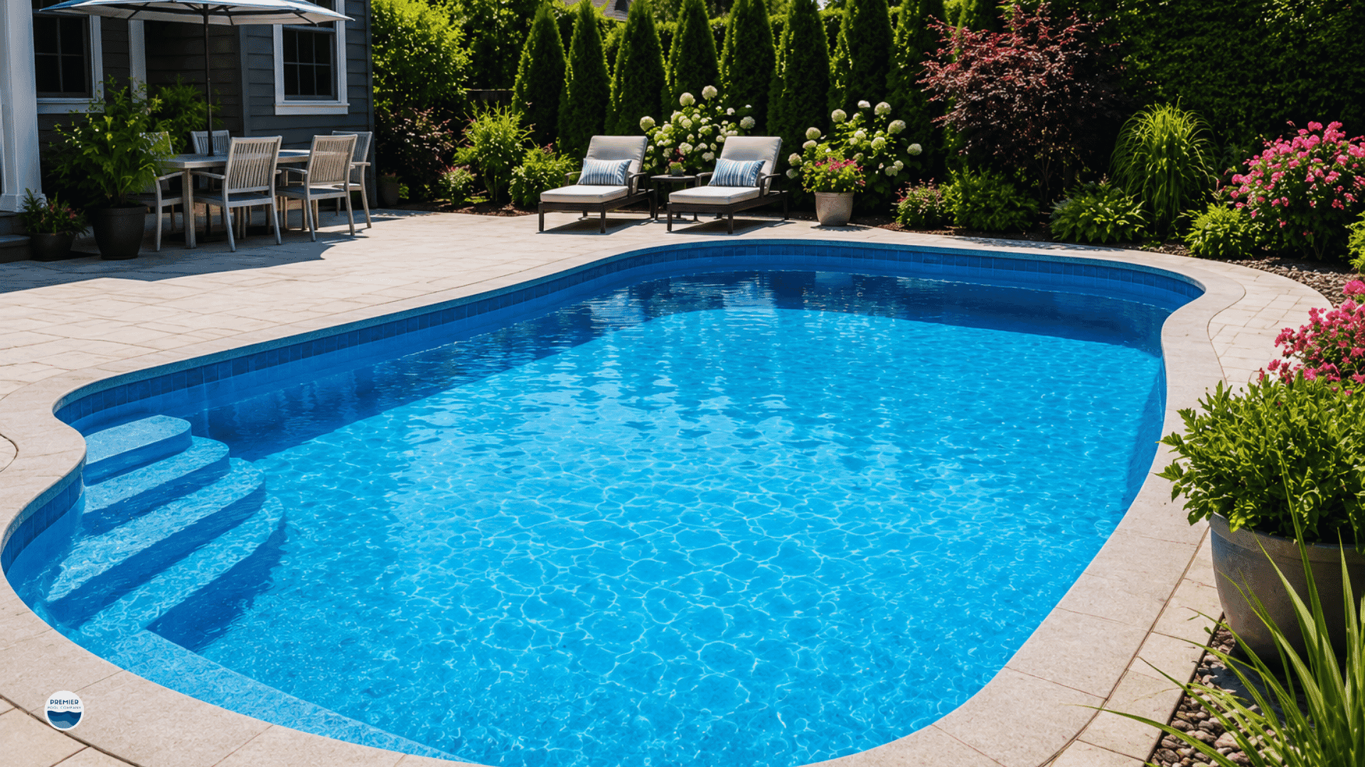 Residential saltwater fiberglass pool commonly featured in homeowner questions