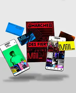 Composition qui montre une image de marque colorée avec une affiche, une page instagram, une carte de visite jaune