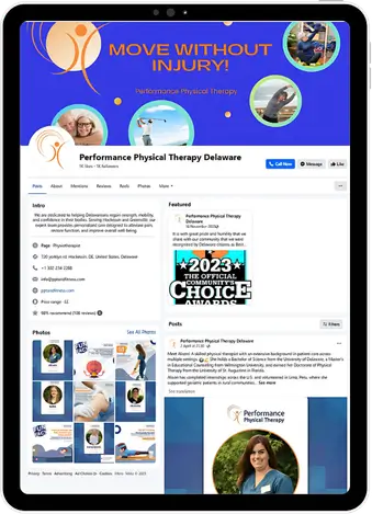 Performance Physical Therapy Delaware Facebook page displayed.