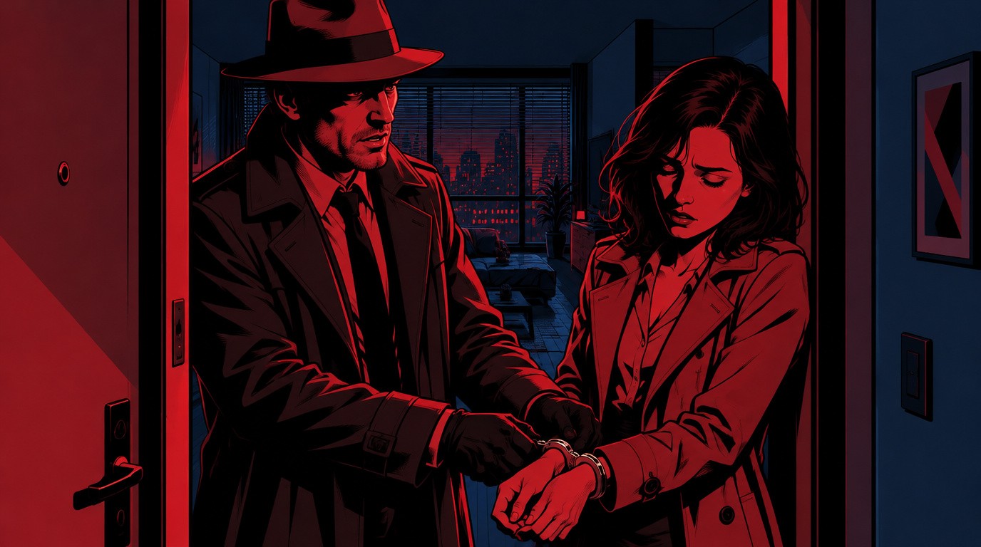 Kessler snapping handcuffs onto Iris's wrists in the doorway