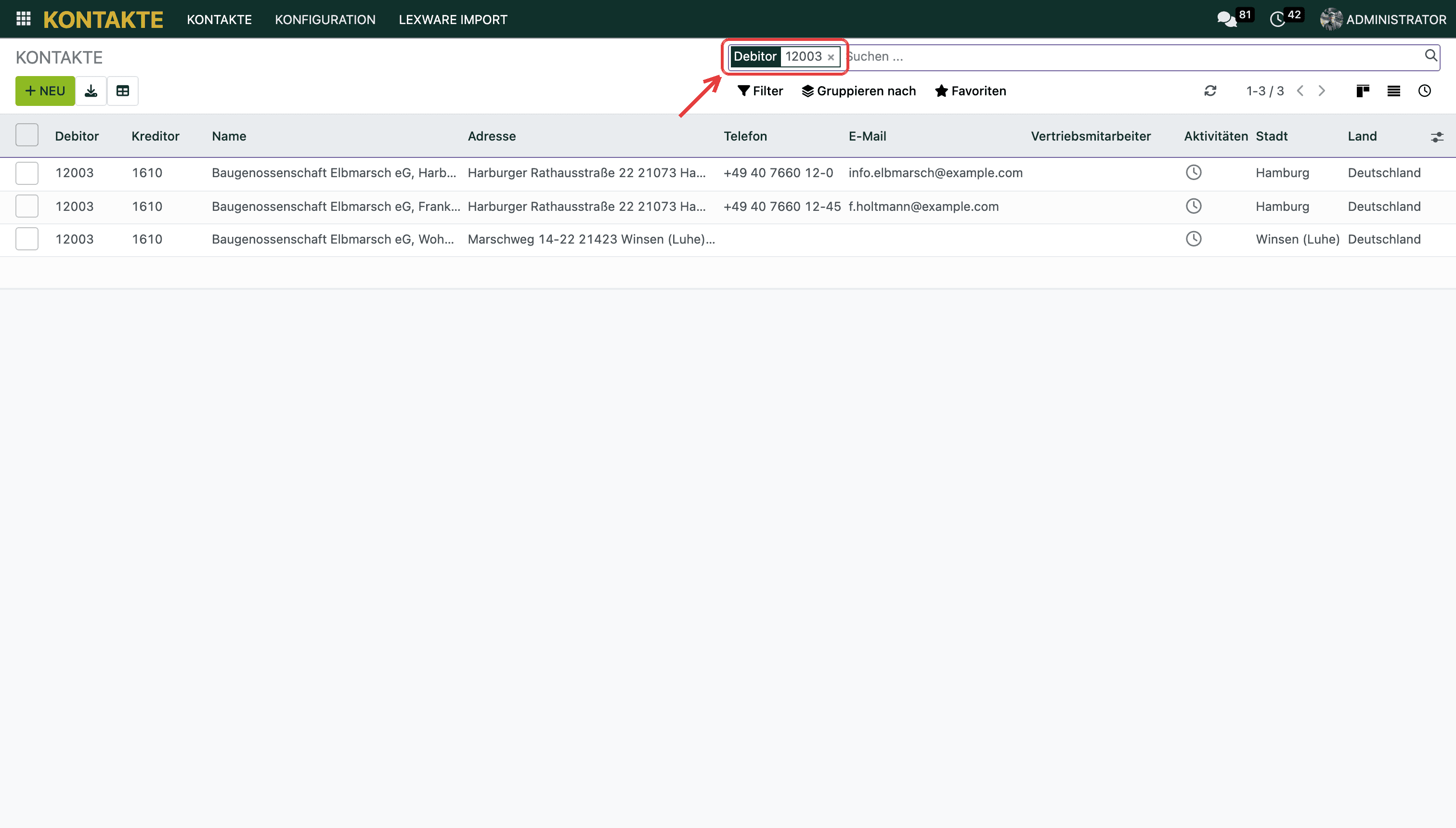 Der Filter „Debitor“ zeigt das Unternehmen und seine Ansprechpartner.