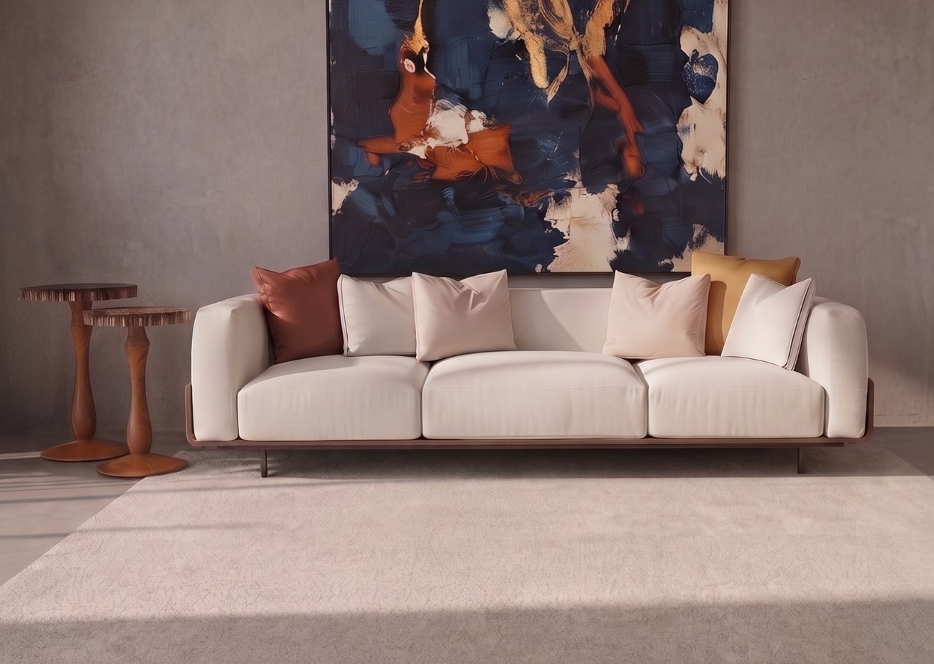 Extended off-white upholstered seating with loose scatter cushions and continuous metal base