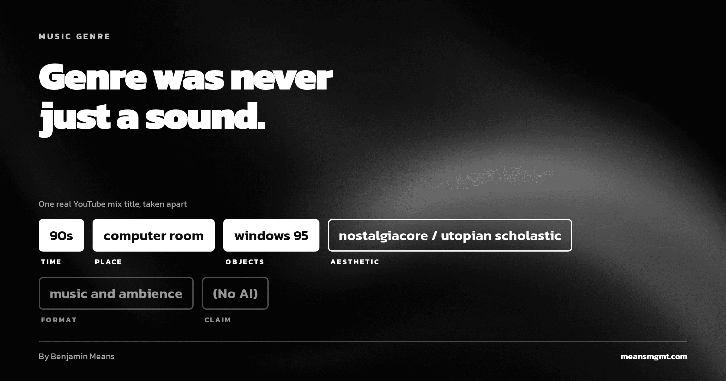 A real YouTube mix title, '90s computer room windows 95 nostalgiacore/utopian scholastic music and ambience (No AI)', with each part labeled as time, place, objects, aesthetic, format, or claim.