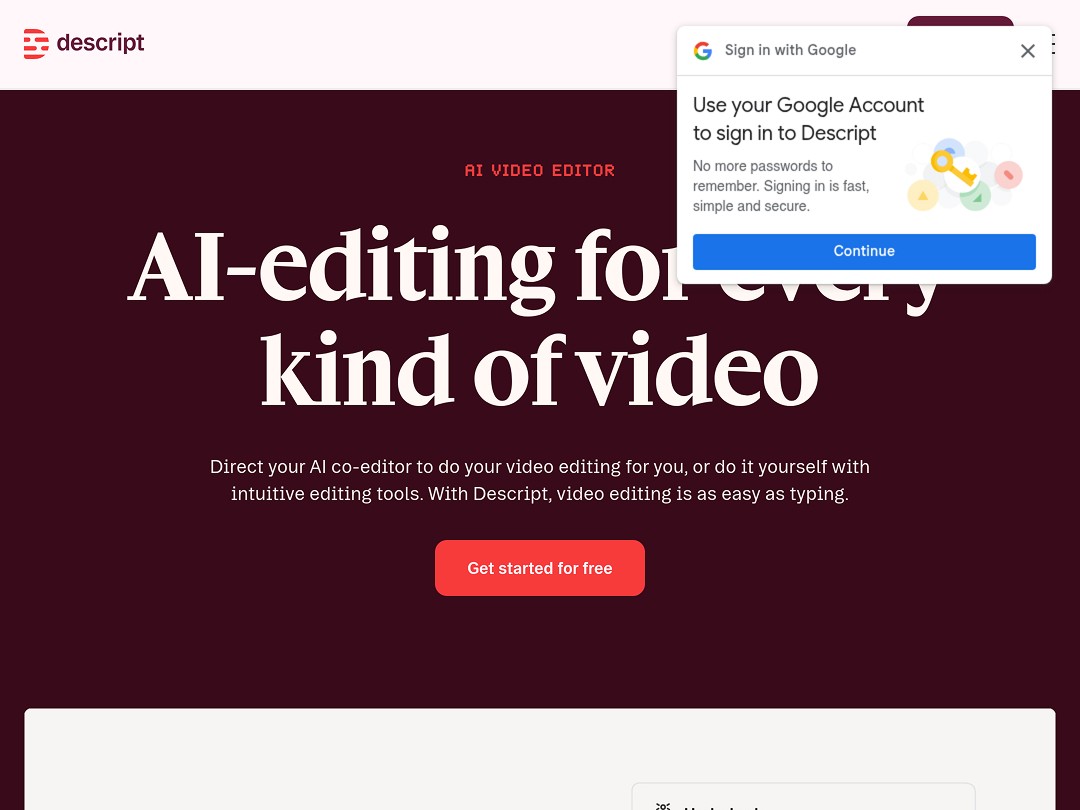 Descript AI video editor homepage with hero text and Google sign-in popup overlay