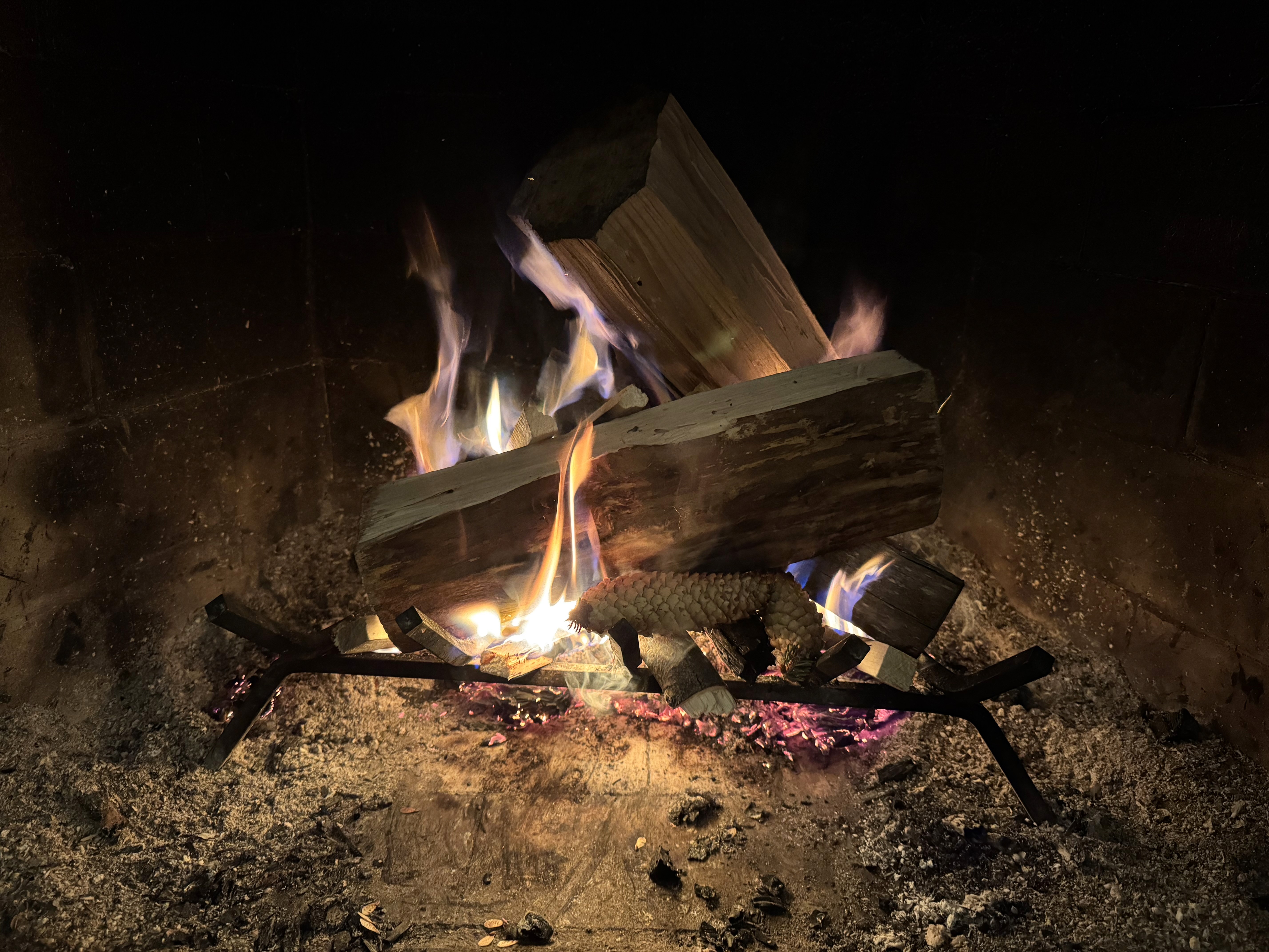 A fire burning in a fireplace, with sparks and flames and logs on an iron. Photo by Rafia Mahli