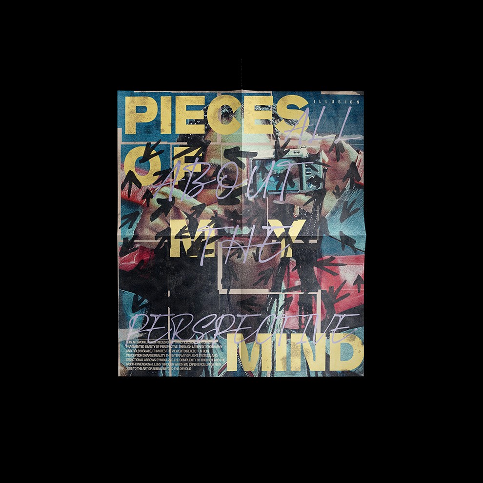 Conceptual collage with fragmented portraits and the text “Pieces of Your Mind,” symbolizing mental chaos and reflection.