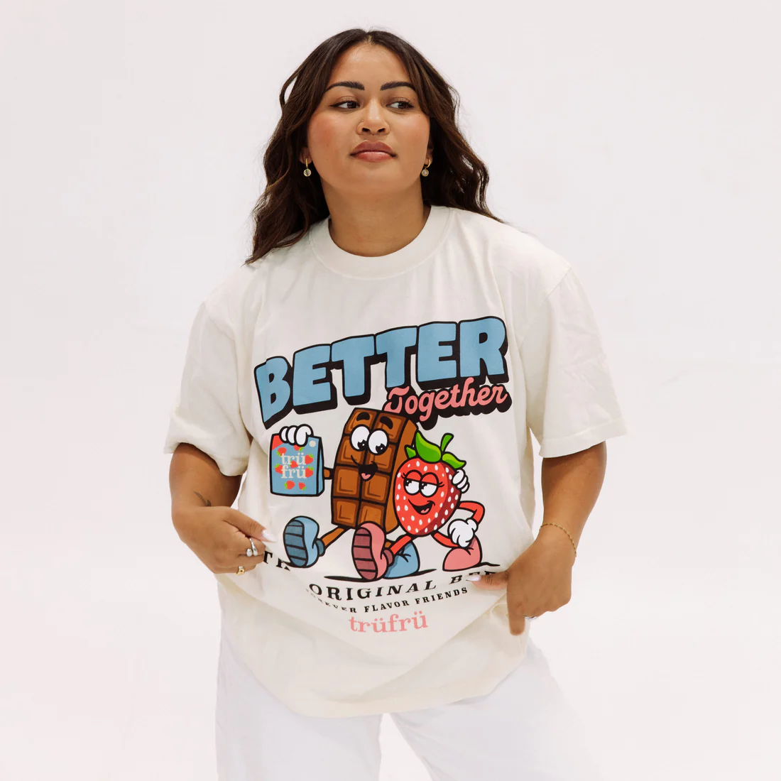 An image of a woman modeling a TruFru "Better Together" T-shirt.