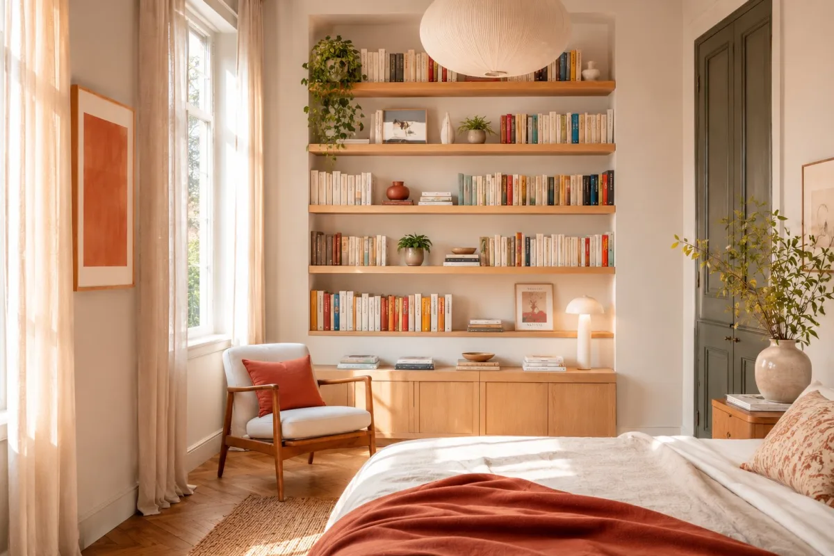 Chambre avec bibliothèque intégrée en bois clair sur mesure, accents terracotta, parquet point de Hongrie et fauteuil de lecture