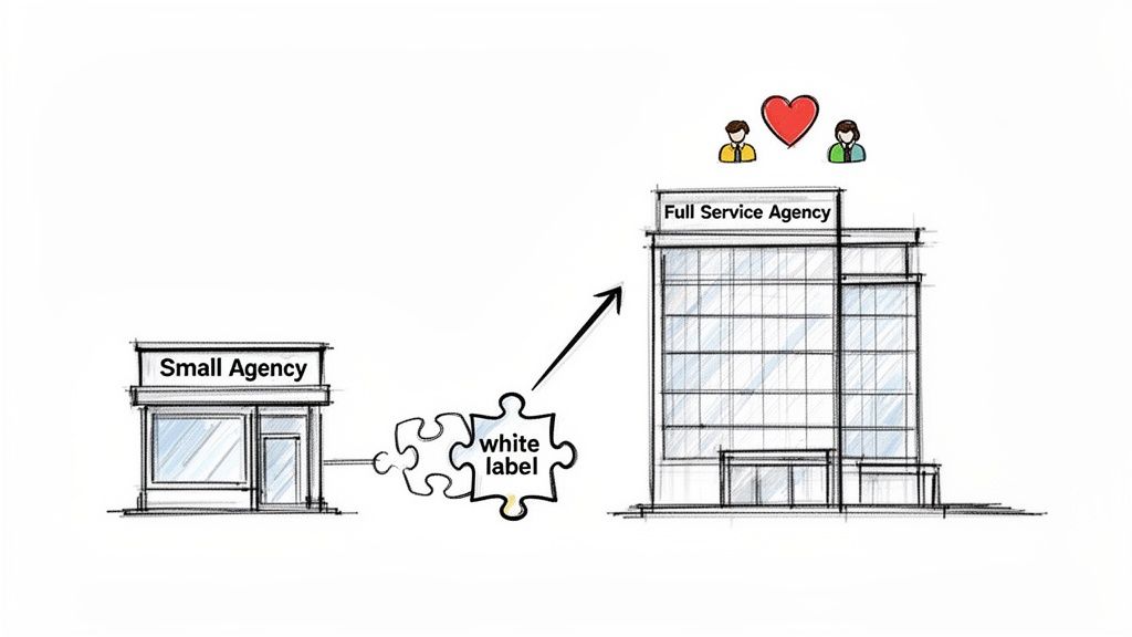 A small agency connects via a white label puzzle piece to a full-service agency, indicating partnership and client services.