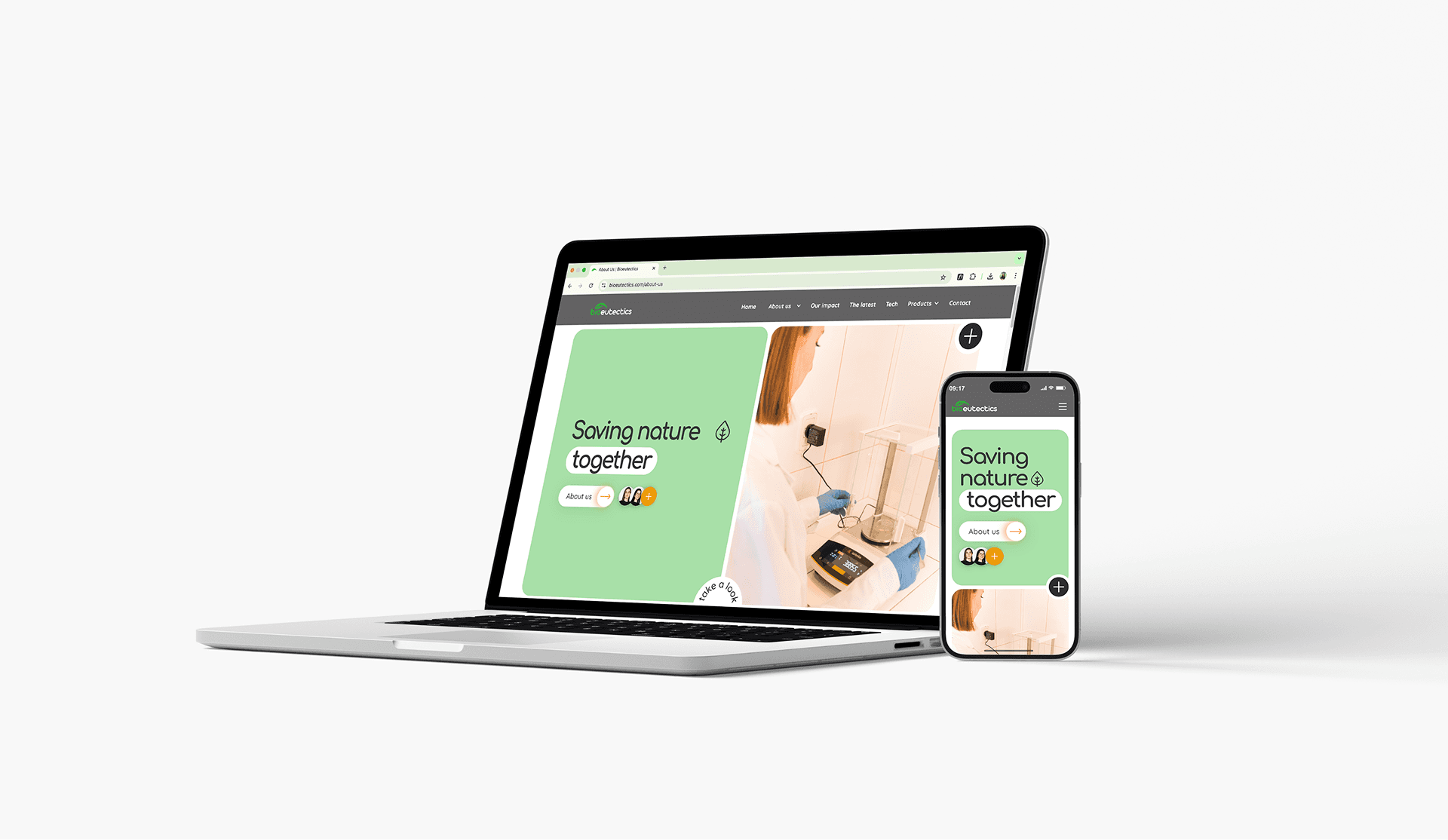 Bioeutectics' website on desktop and mobile with green initiatives.