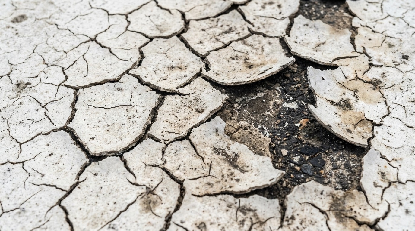 Close-up detail photograph of an old, failing white roof coating showing significant cracking, peeling, and 'alligatoring' texture on an asphalt substrate.