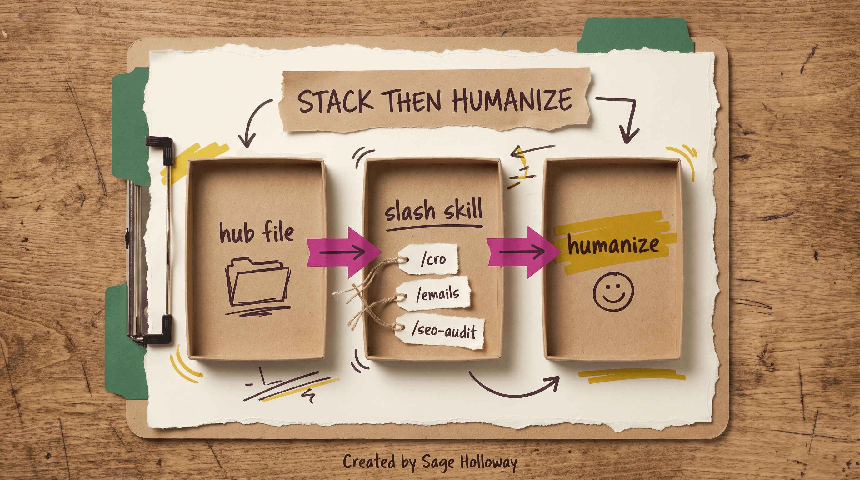 Diagram of product-marketing.md feeding a slash skill then a humanize pass
