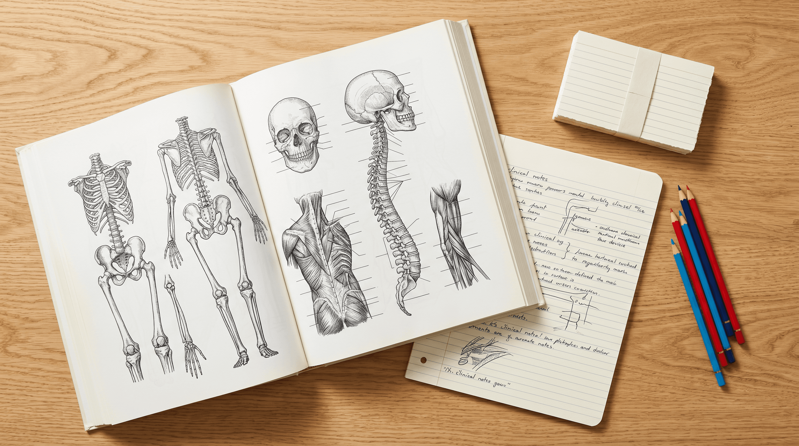 Printed anatomy chapters beside handwritten notes