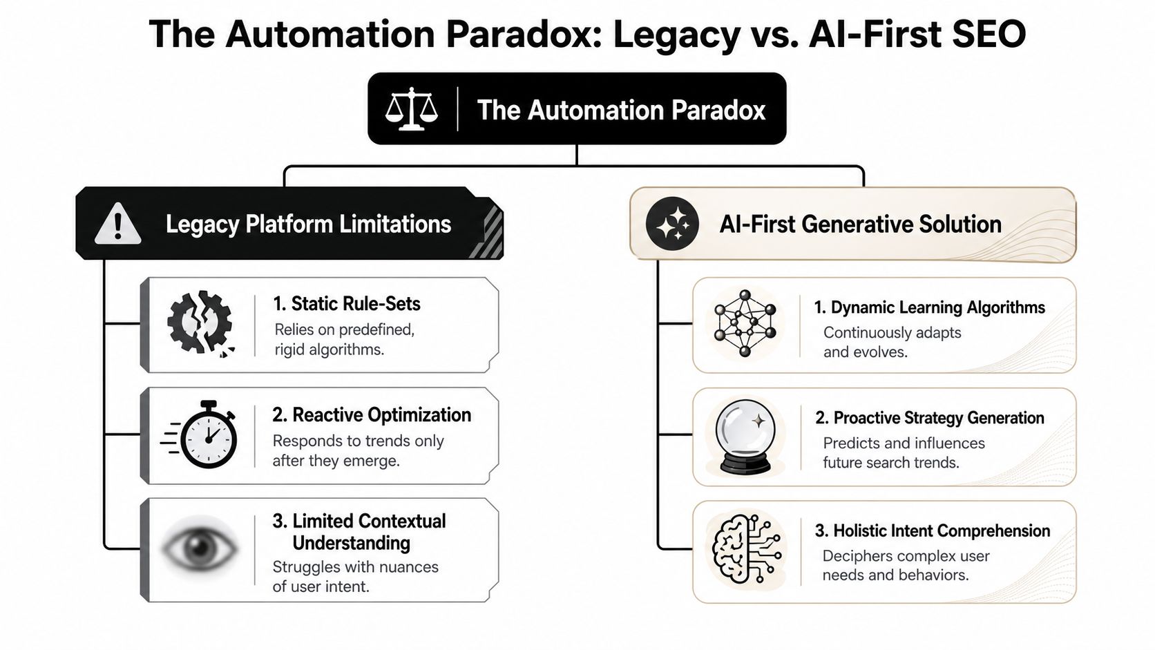 A diagram comparing limitations of legacy SEO platforms with benefits of modern AI-first generative SEO solutions.