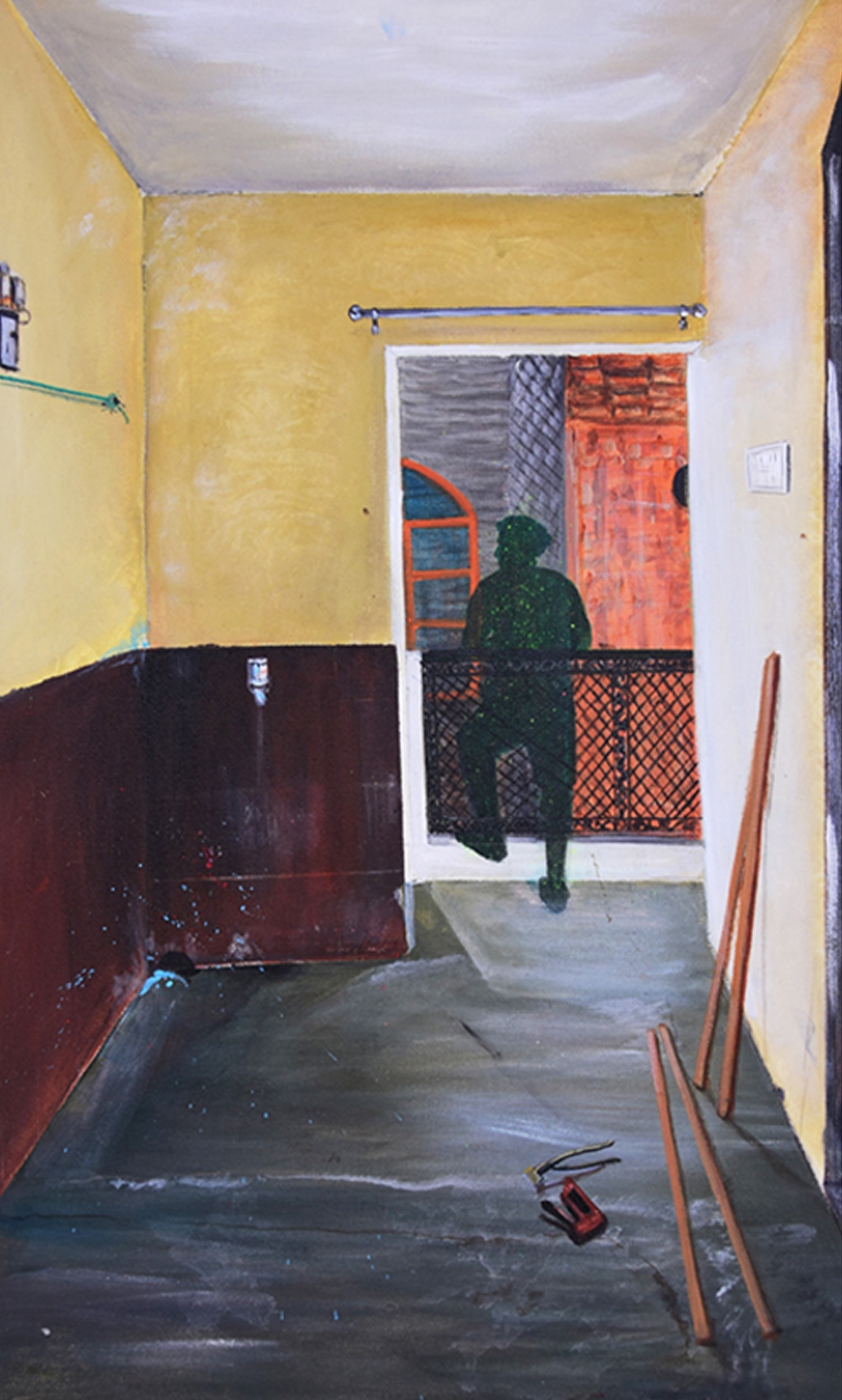 herd of sheep on road painting