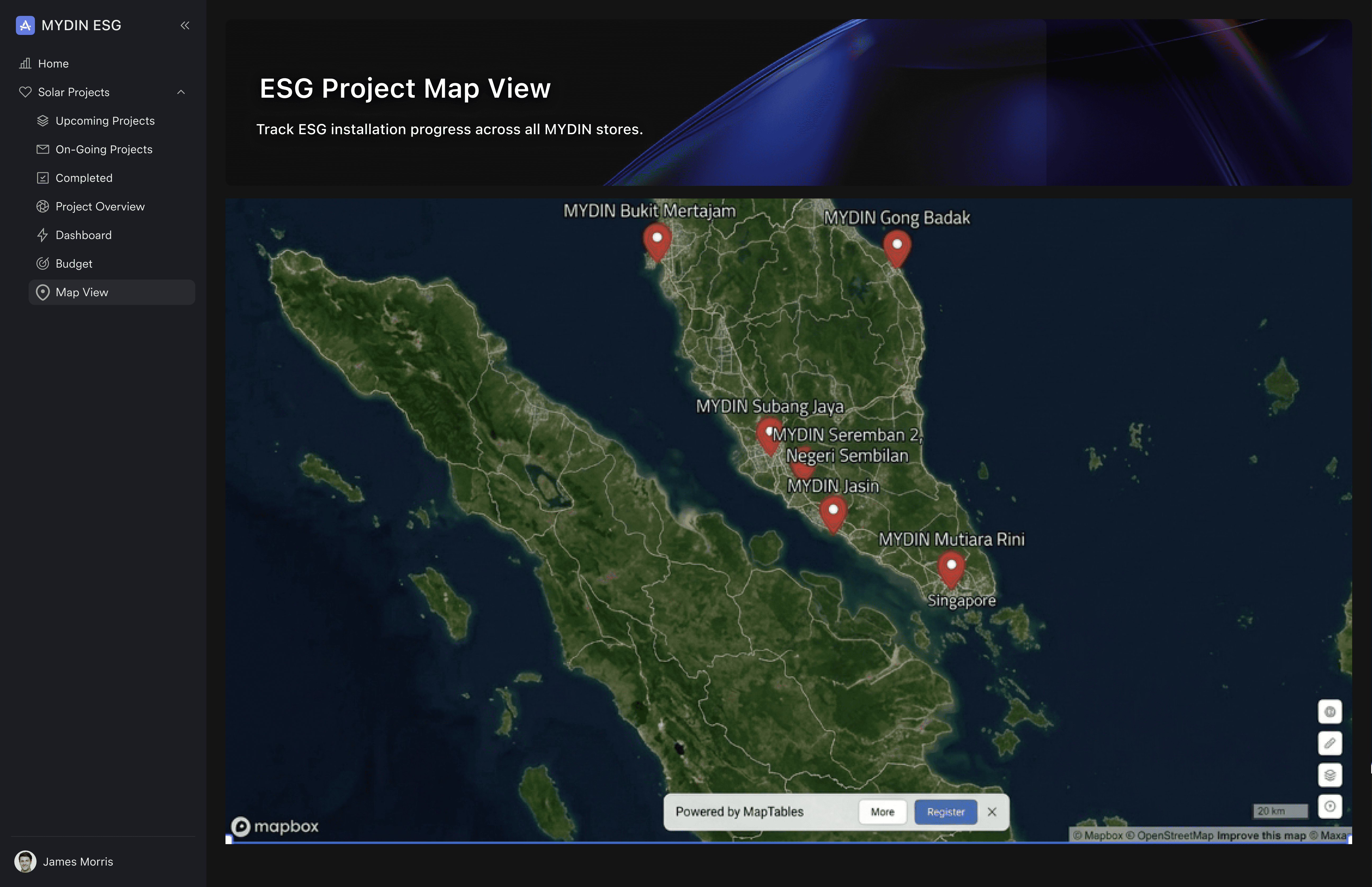 MYDIN ESG project map showing solar installation locations and progress across Malaysia stores