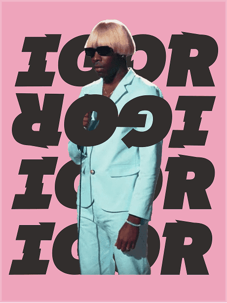 Igor album poster with bold pink background, fragmented IGOR typography, and a figure in a blue suit