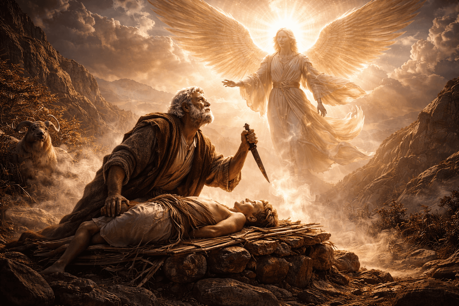 Abraham and Isaac on the altar with an angel appearing, representing Jehovah Jireh in Genesis 22