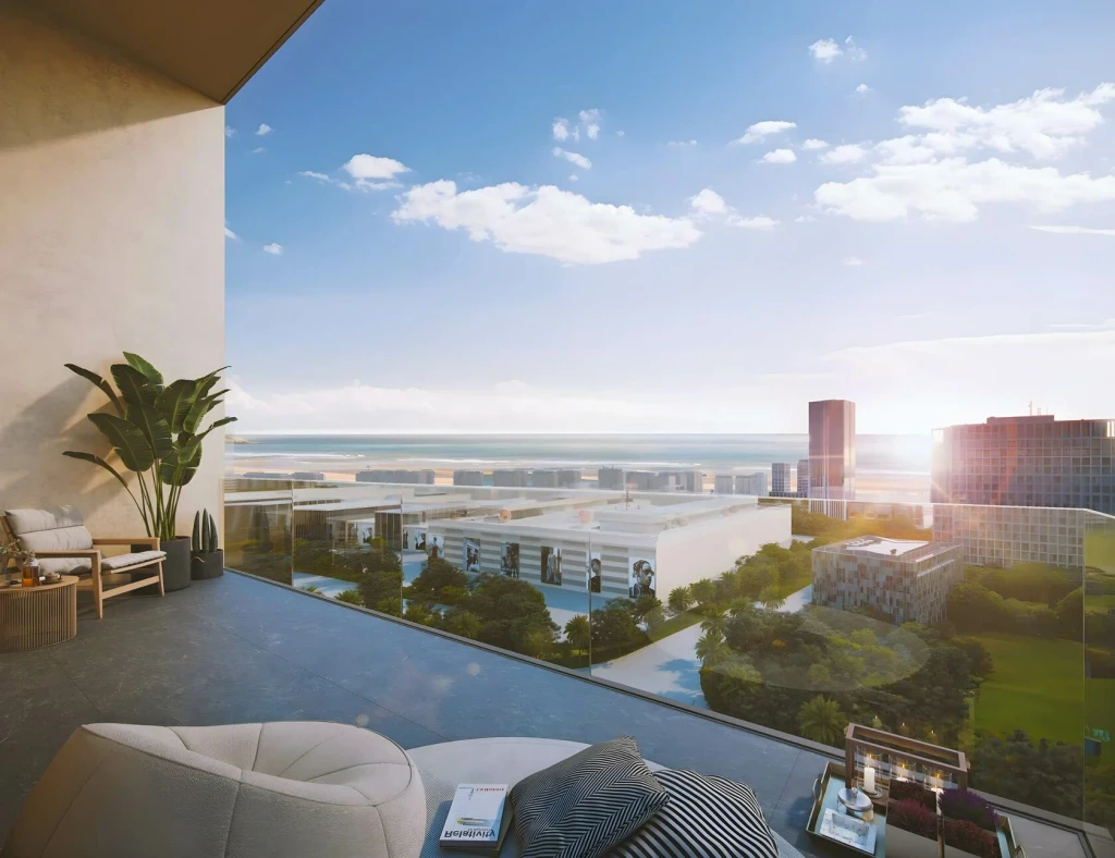 Scenic view of Dubai Islands featuring upscale residences, sandy beaches, and the sparkling sea, epitomizing luxury living.