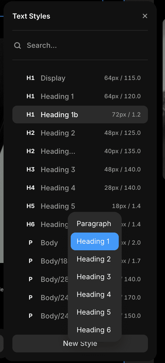 A list of text-styles in framer with the new style panel open, listing all different semantic header tag types.