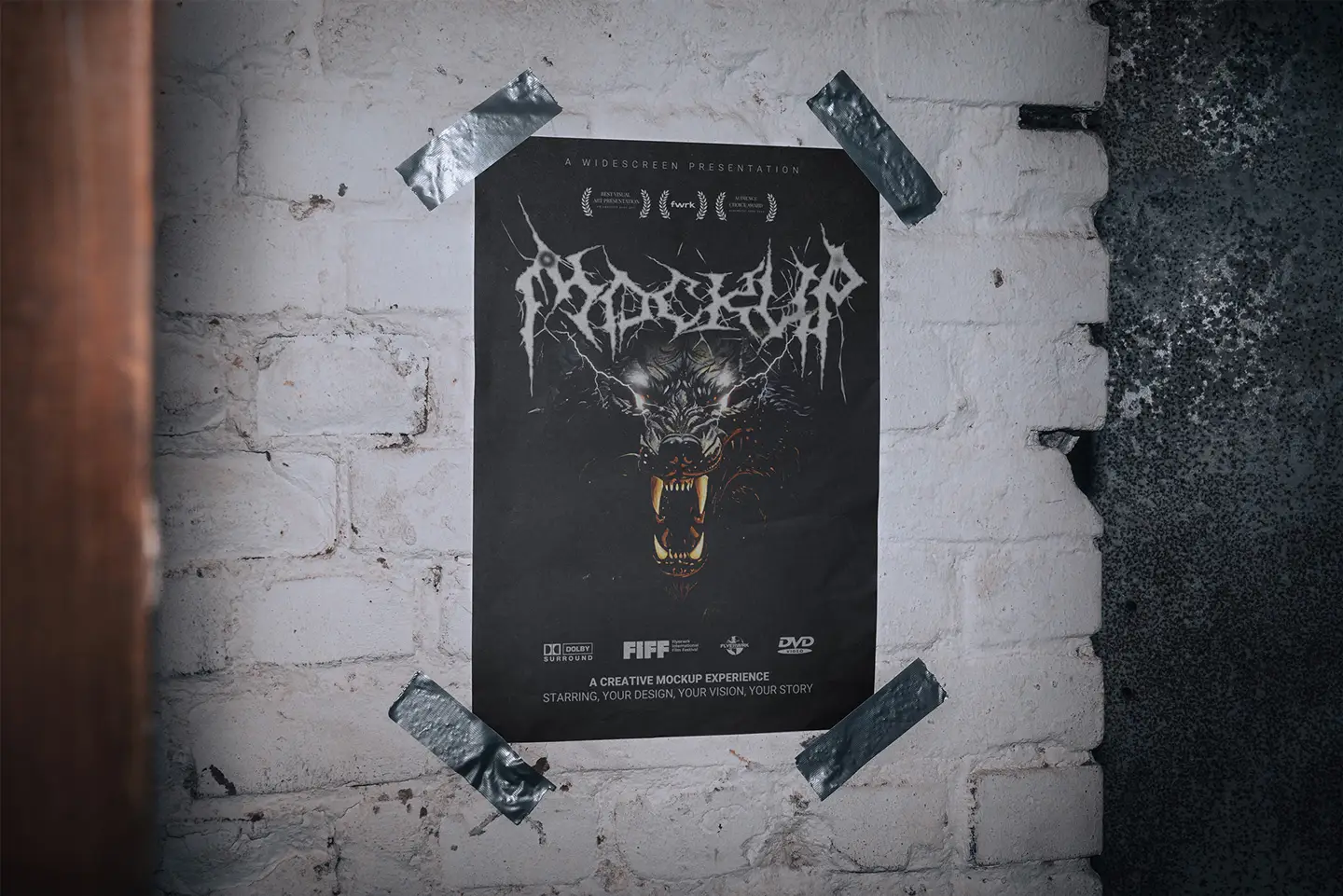 Dark metal-themed poster mockup featuring a wolf illustration taped casually to a stained concrete background