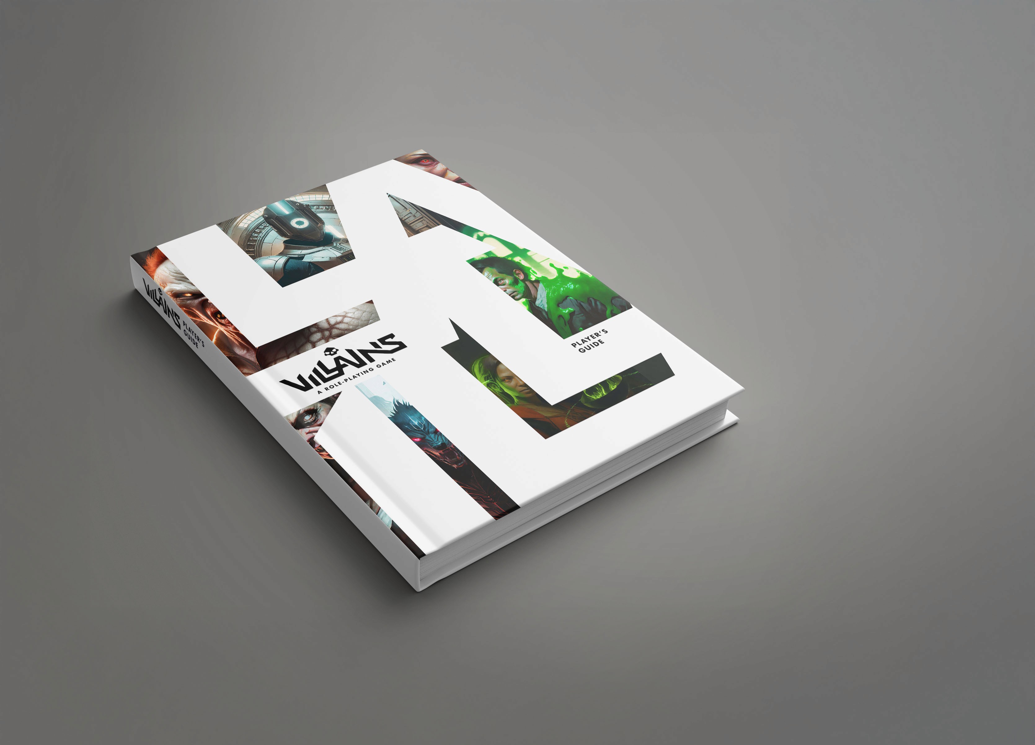 A rulebook with various types of super villains on it: a robot, mad scientist, cybernetic, werewolf, a witch, sea creature