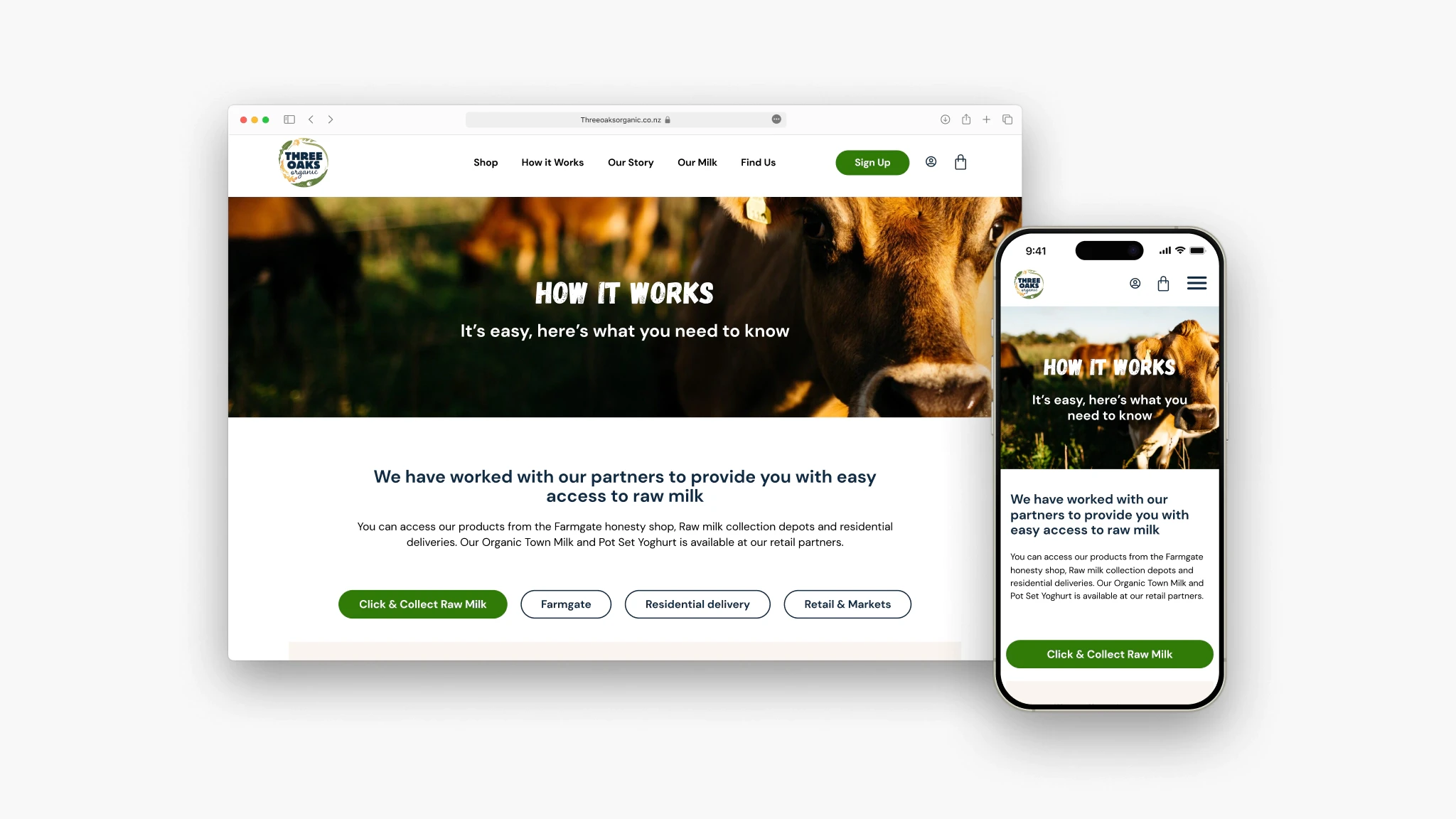 Screenshots from Three Oaks Organic "How it works" web page.
